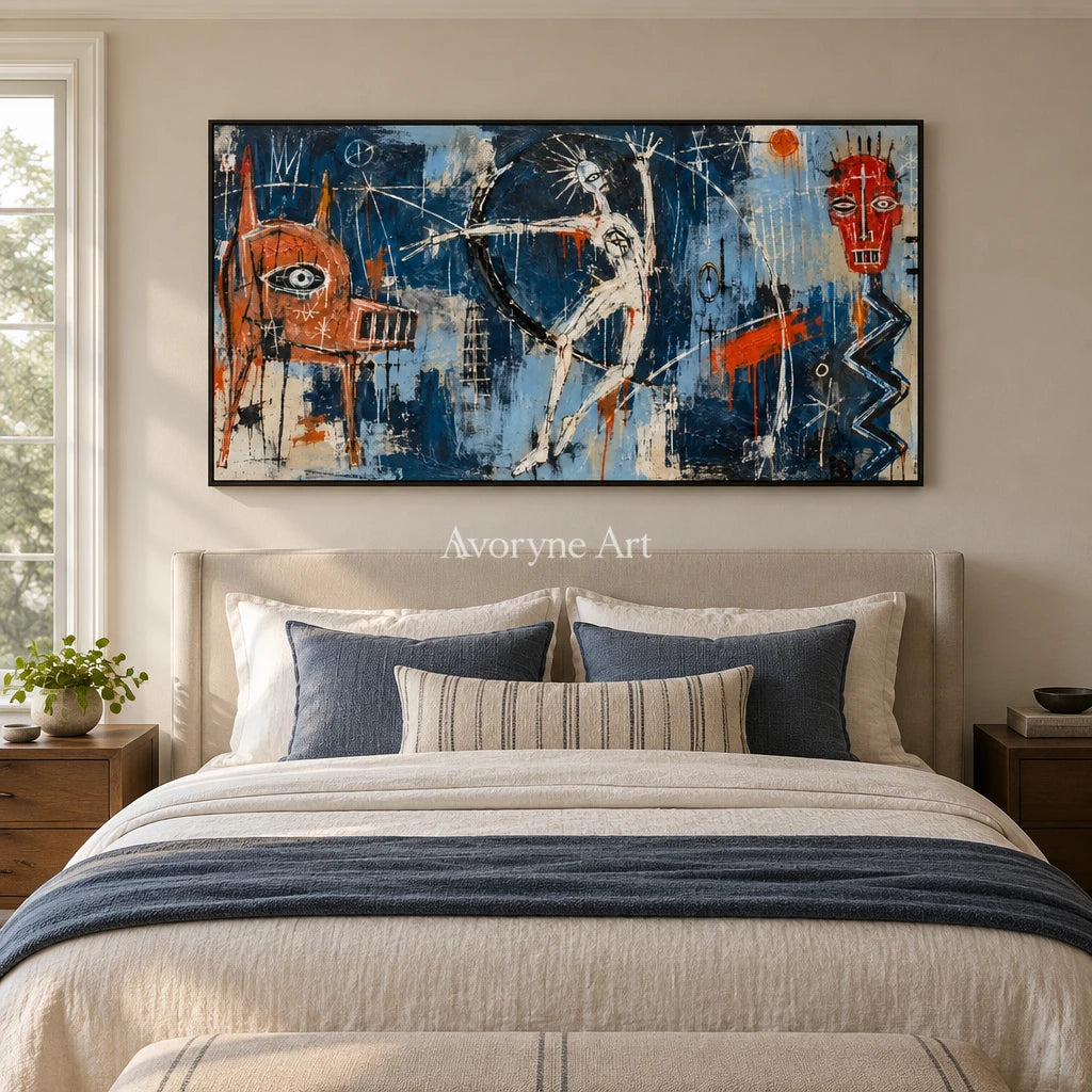Gentle Cadence graffiti figure wall art with a black frame above a bed in a bedroom
