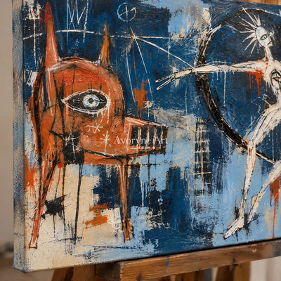 Close-up of the hand-painted texture of Gentle Cadence graffiti figure wall art on an easel