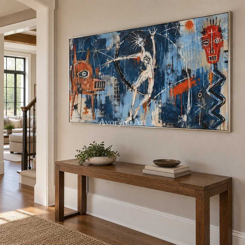 Gentle Cadence graffiti figure wall art with a silver frame in an entryway