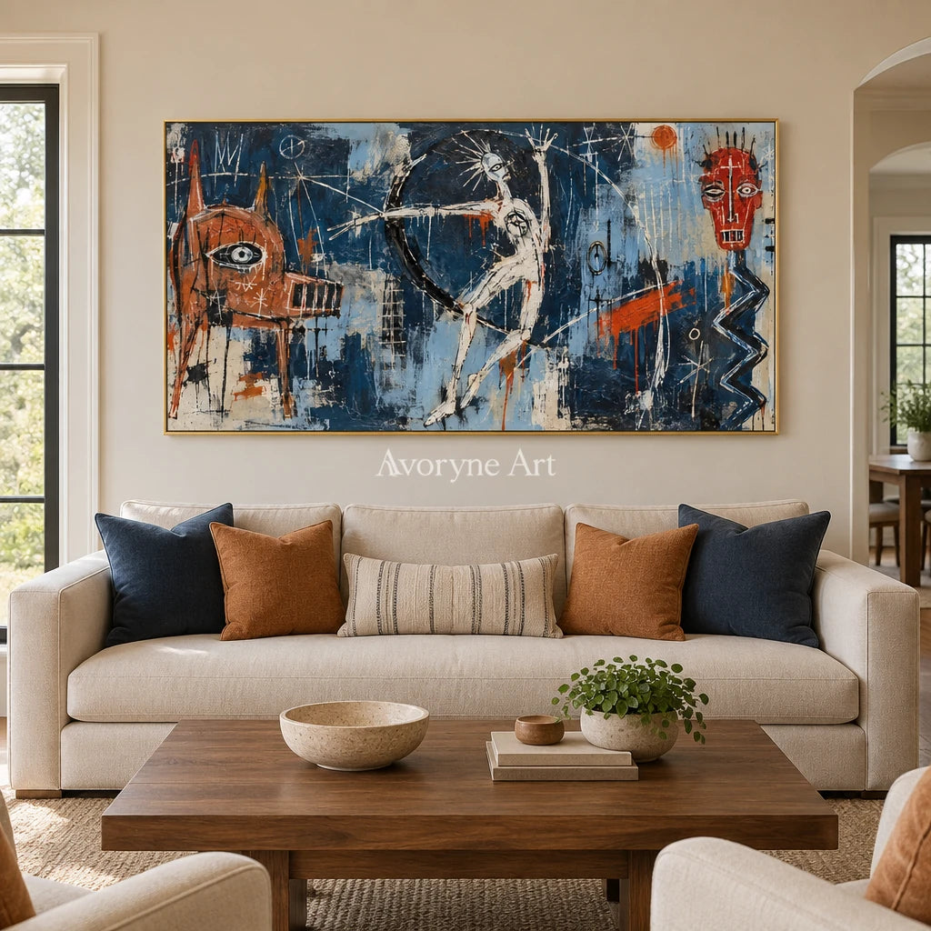 Gentle Cadence graffiti figure wall art with a gold frame hanging in a living room