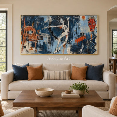 Gentle Cadence graffiti figure wall art with a gold frame hanging in a living room