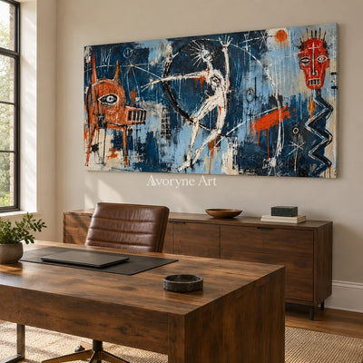 Gentle Cadence graffiti figure wall art as a frameless stretched canvas in a home office