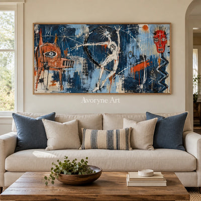 Gentle Cadence graffiti figure wall art with a wood frame in a villa living space