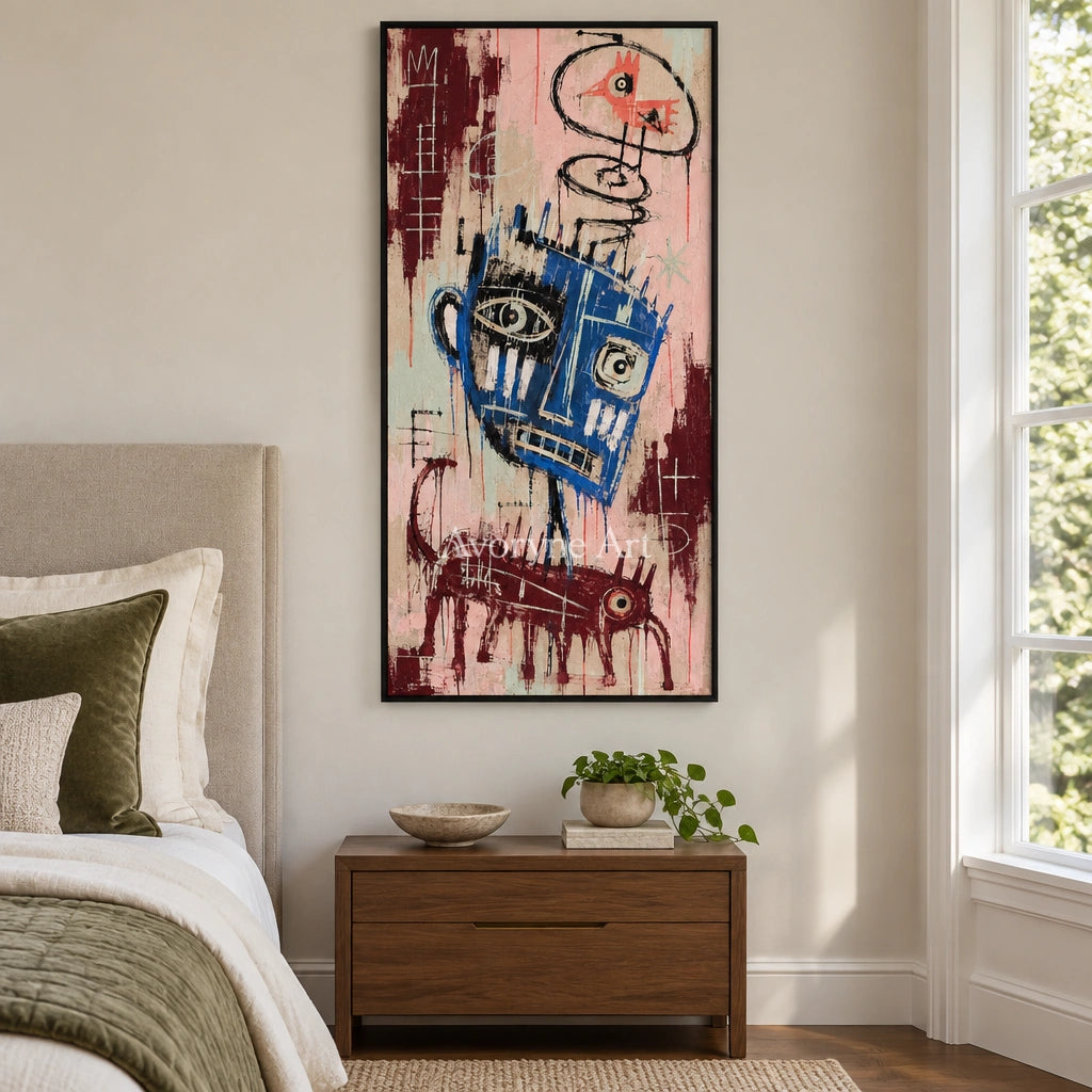 Gentle Passage graffiti figure wall art with a black frame above a bed in a bedroom
