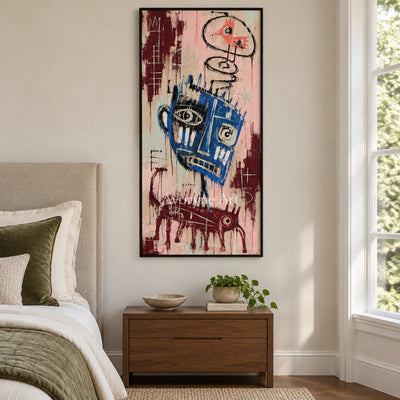 Gentle Passage graffiti figure wall art with a black frame above a bed in a bedroom