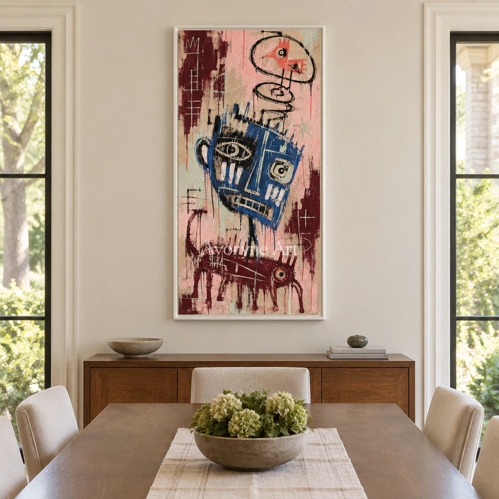 Gentle Passage graffiti figure wall art with a white frame in a dining room