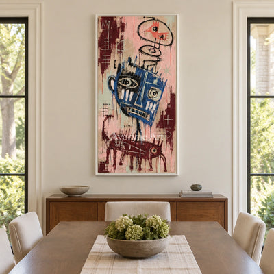 Gentle Passage graffiti figure wall art with a white frame in a dining room
