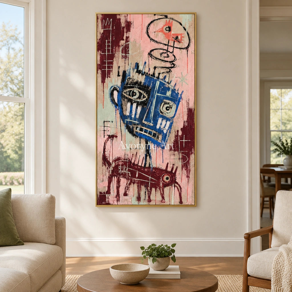 Gentle Passage graffiti figure wall art with a gold frame hanging in a living room