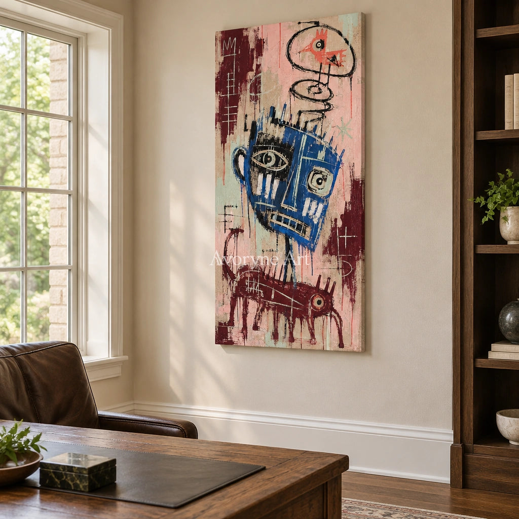 Gentle Passage graffiti figure wall art as a frameless stretched canvas in a home office