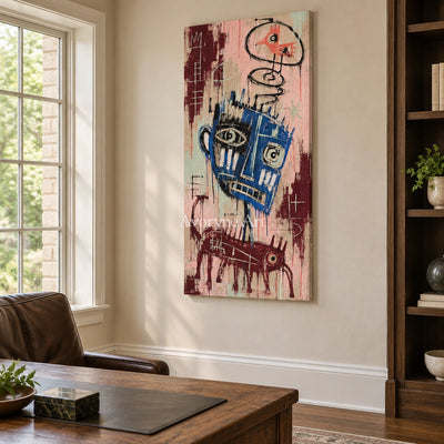 Gentle Passage graffiti figure wall art as a frameless stretched canvas in a home office