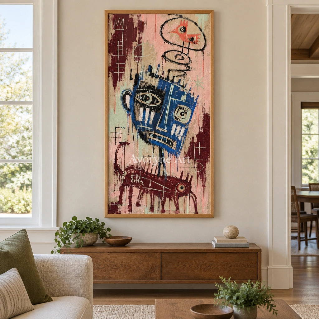 Gentle Passage graffiti figure wall art with a wood frame in a villa living space