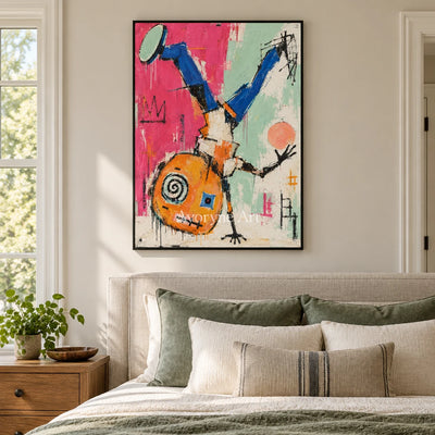 Gentle Echo graffiti figure wall art with a black frame above a bed in a bedroom