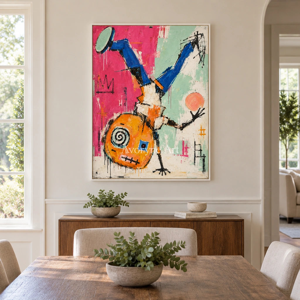 Gentle Echo graffiti figure wall art with a white frame in a dining room