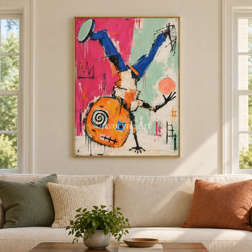 Gentle Echo graffiti figure wall art with a gold frame hanging in a living room