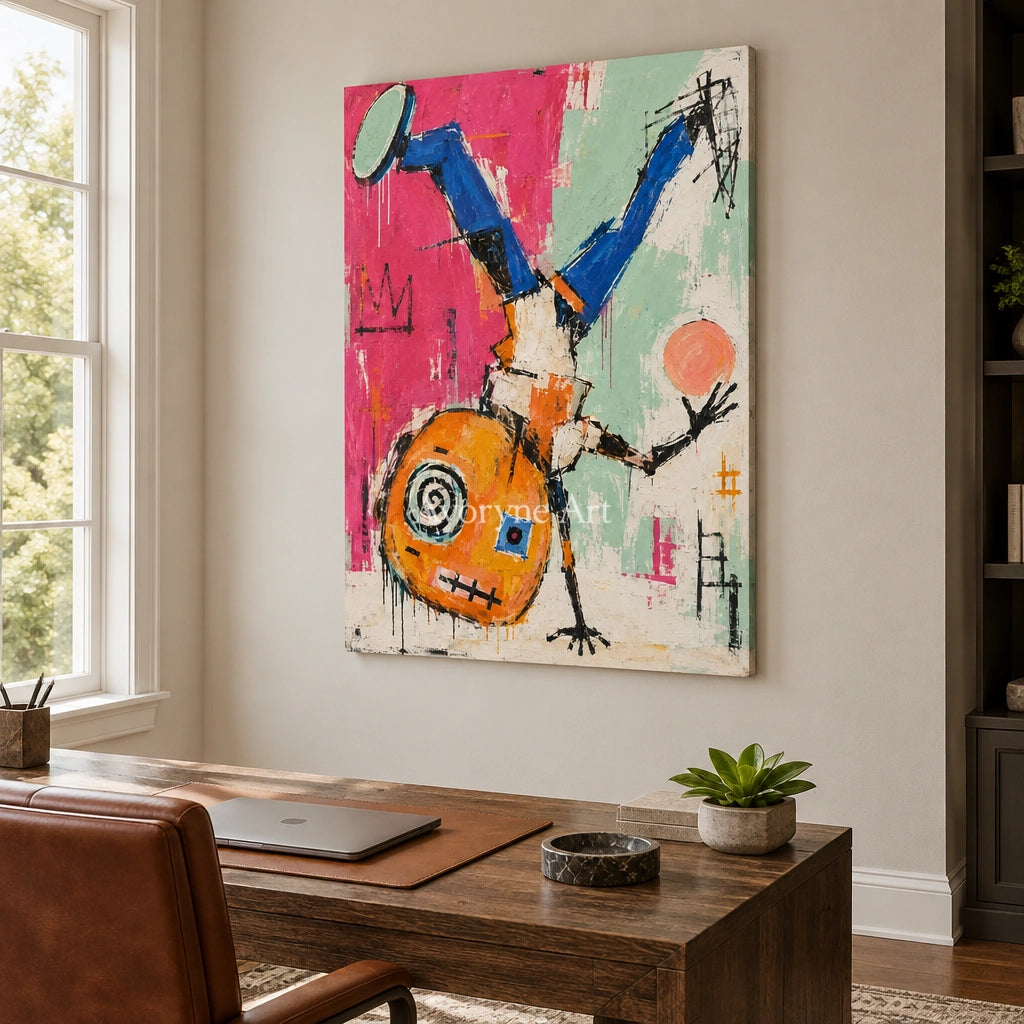 Gentle Echo graffiti figure wall art as a frameless stretched canvas in a home office