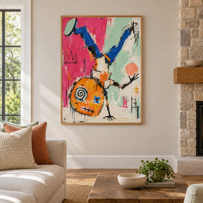 Gentle Echo graffiti figure wall art with a wood frame in a villa living space