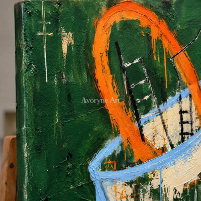 Close-up of the hand-painted texture of Gentle Horizon graffiti figure wall art on an easel