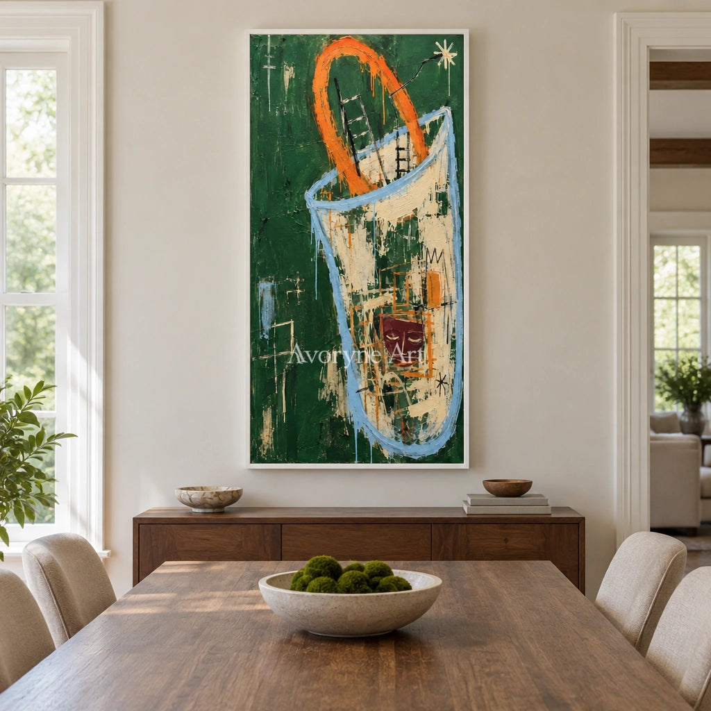 Gentle Horizon graffiti figure wall art with a white frame in a dining room