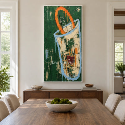 Gentle Horizon graffiti figure wall art with a white frame in a dining room