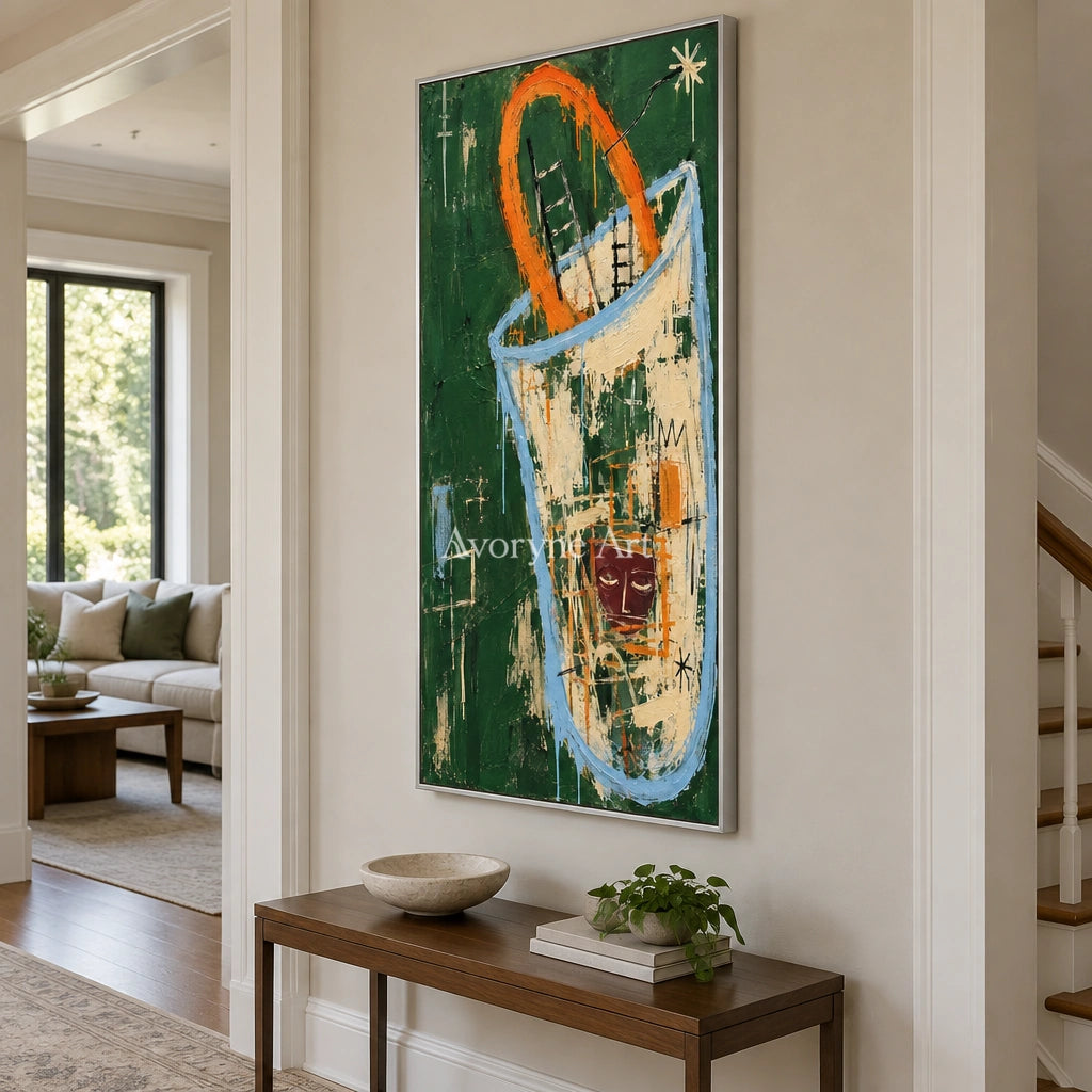 Gentle Horizon graffiti figure wall art with a silver frame in an entryway