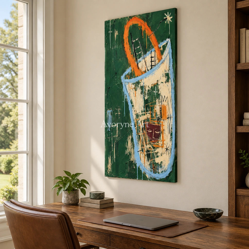 Gentle Horizon graffiti figure wall art as a frameless stretched canvas in a home office