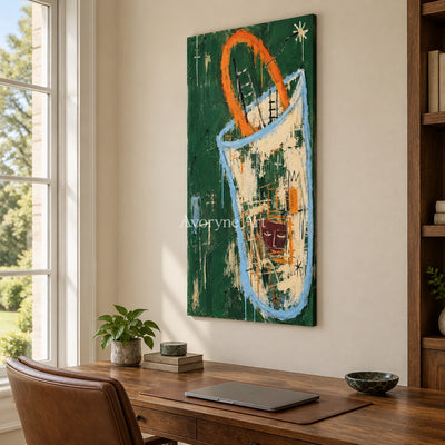 Gentle Horizon graffiti figure wall art as a frameless stretched canvas in a home office