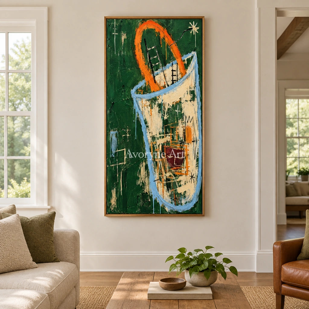 Gentle Horizon graffiti figure wall art with a wood frame in a villa living space
