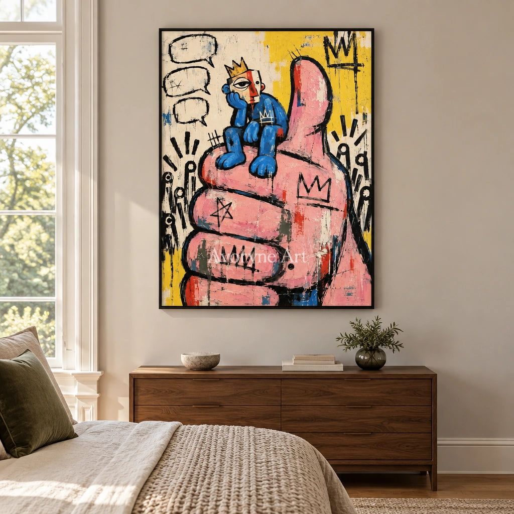 Gentle Gesture graffiti figure wall art with a black frame above a bed in a bedroom