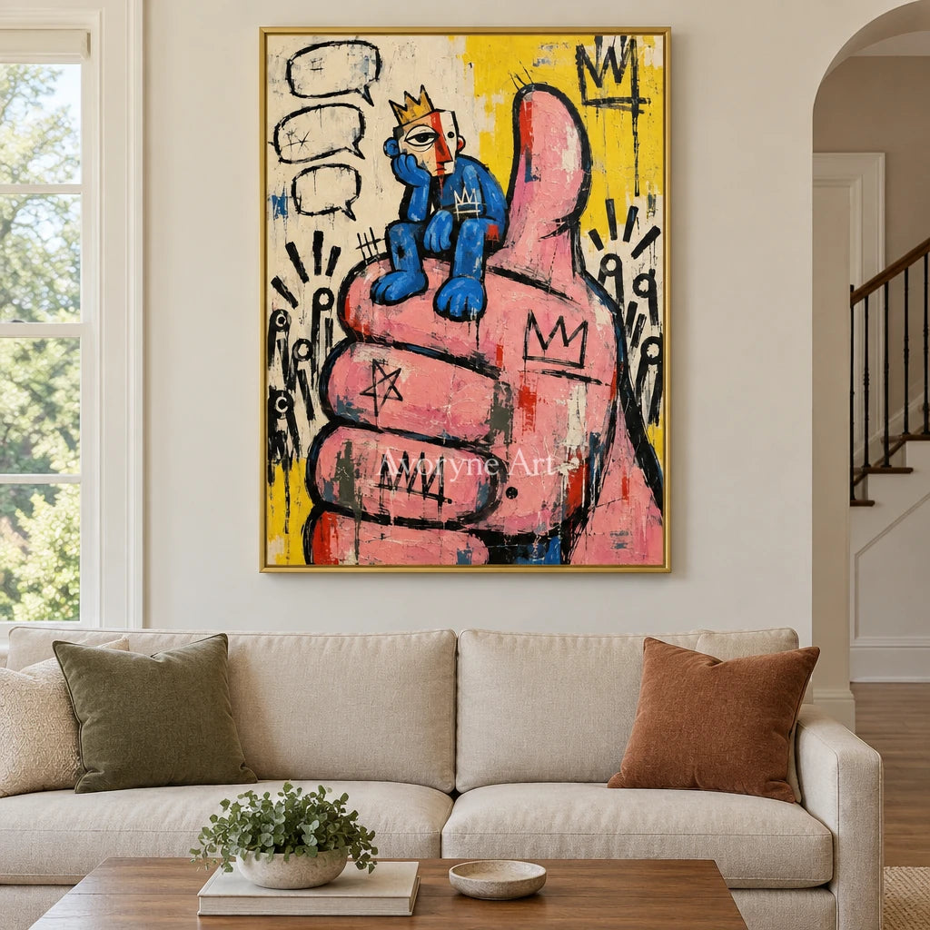 Gentle Gesture graffiti figure wall art with a gold frame hanging in a living room