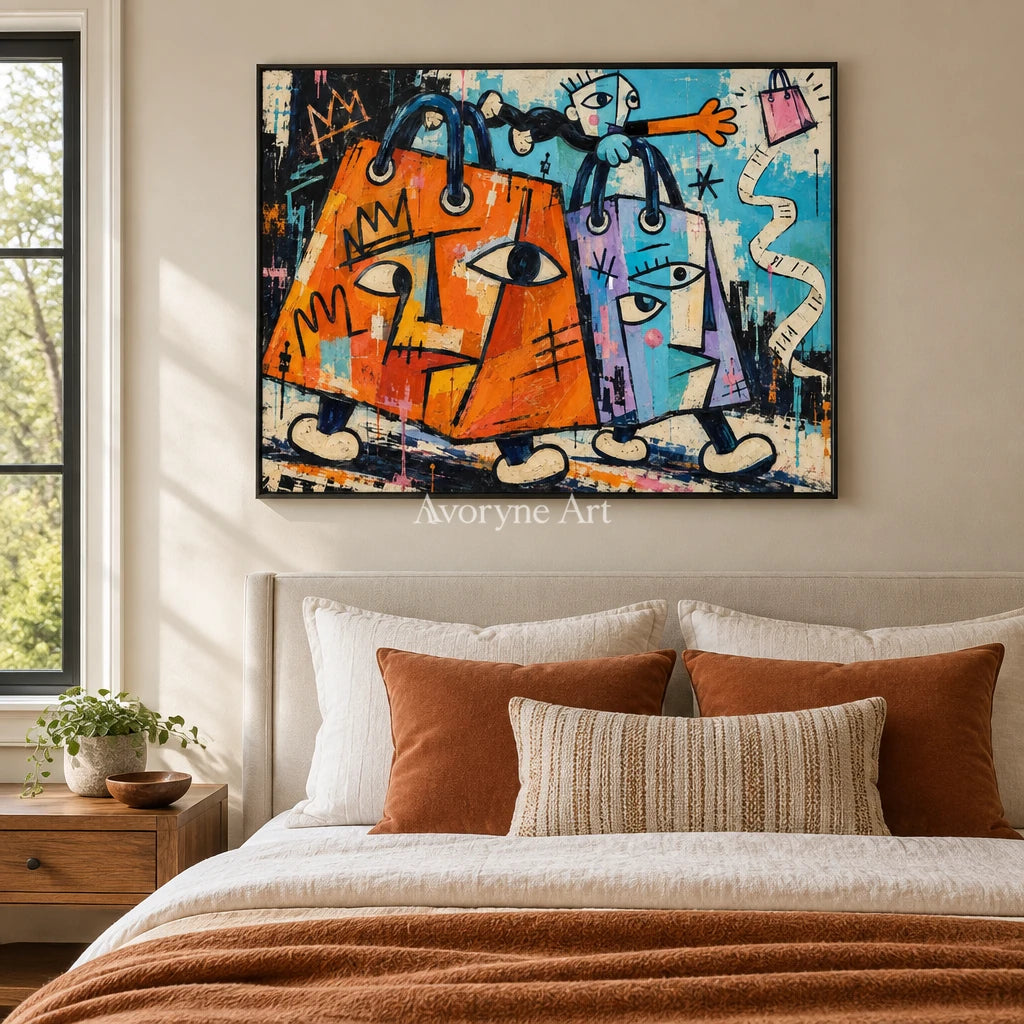 Gentle Mosaic graffiti figure wall art with a black frame above a bed in a bedroom