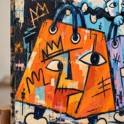 Close-up of the hand-painted texture of Gentle Mosaic graffiti figure wall art on an easel