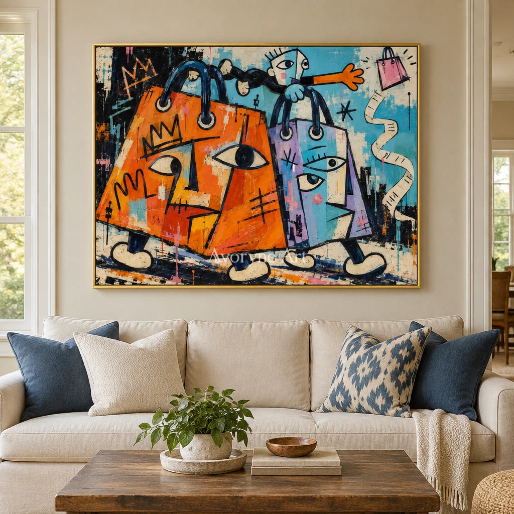 Gentle Mosaic graffiti figure wall art with a gold frame hanging in a living room