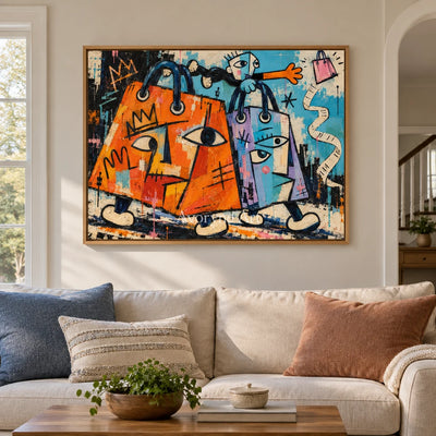Gentle Mosaic graffiti figure wall art with a wood frame in a villa living space