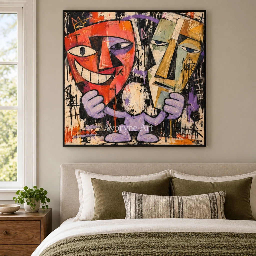 Gentle Drift graffiti figure wall art with a black frame above a bed in a bedroom