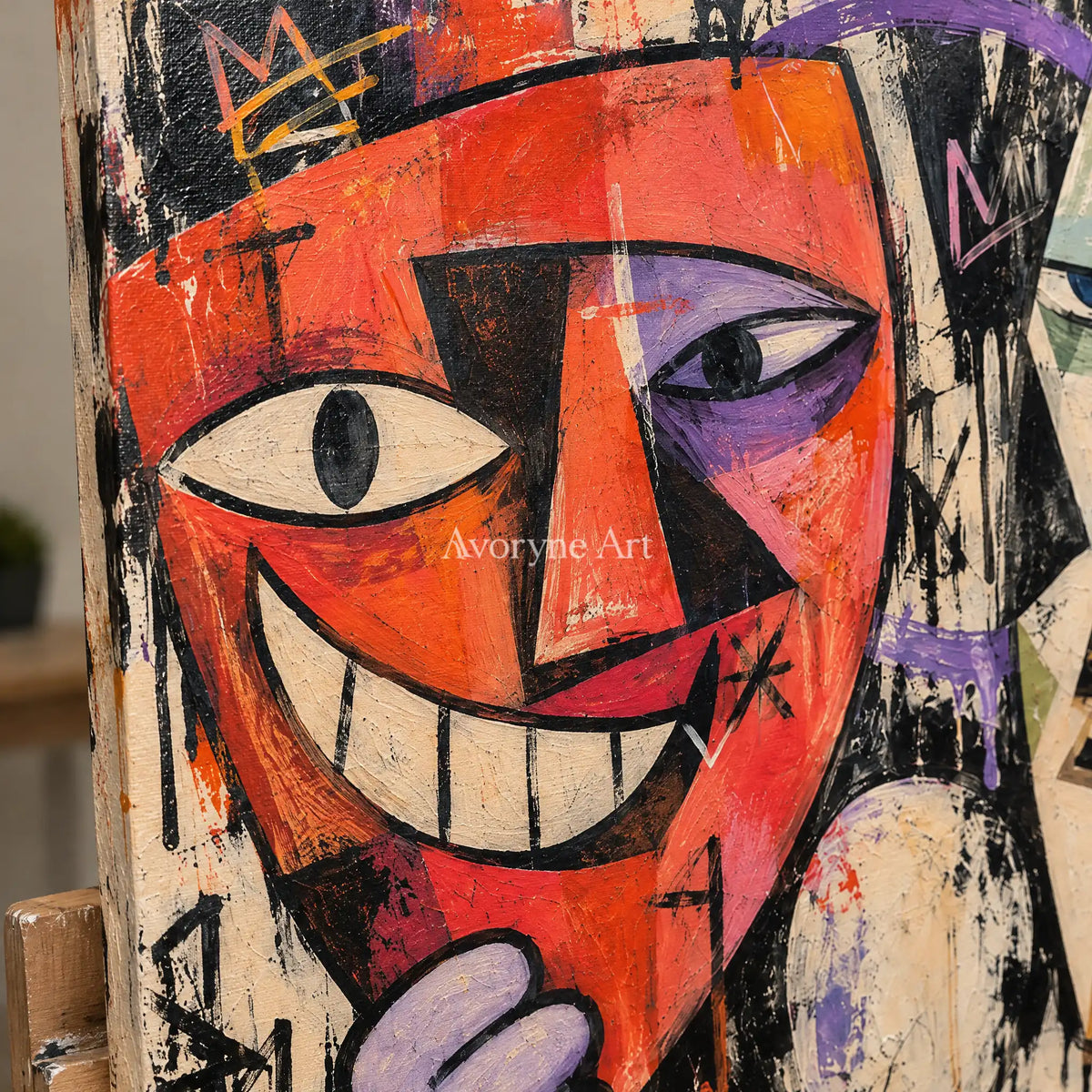 Close-up of the hand-painted texture of Gentle Drift graffiti figure wall art on an easel