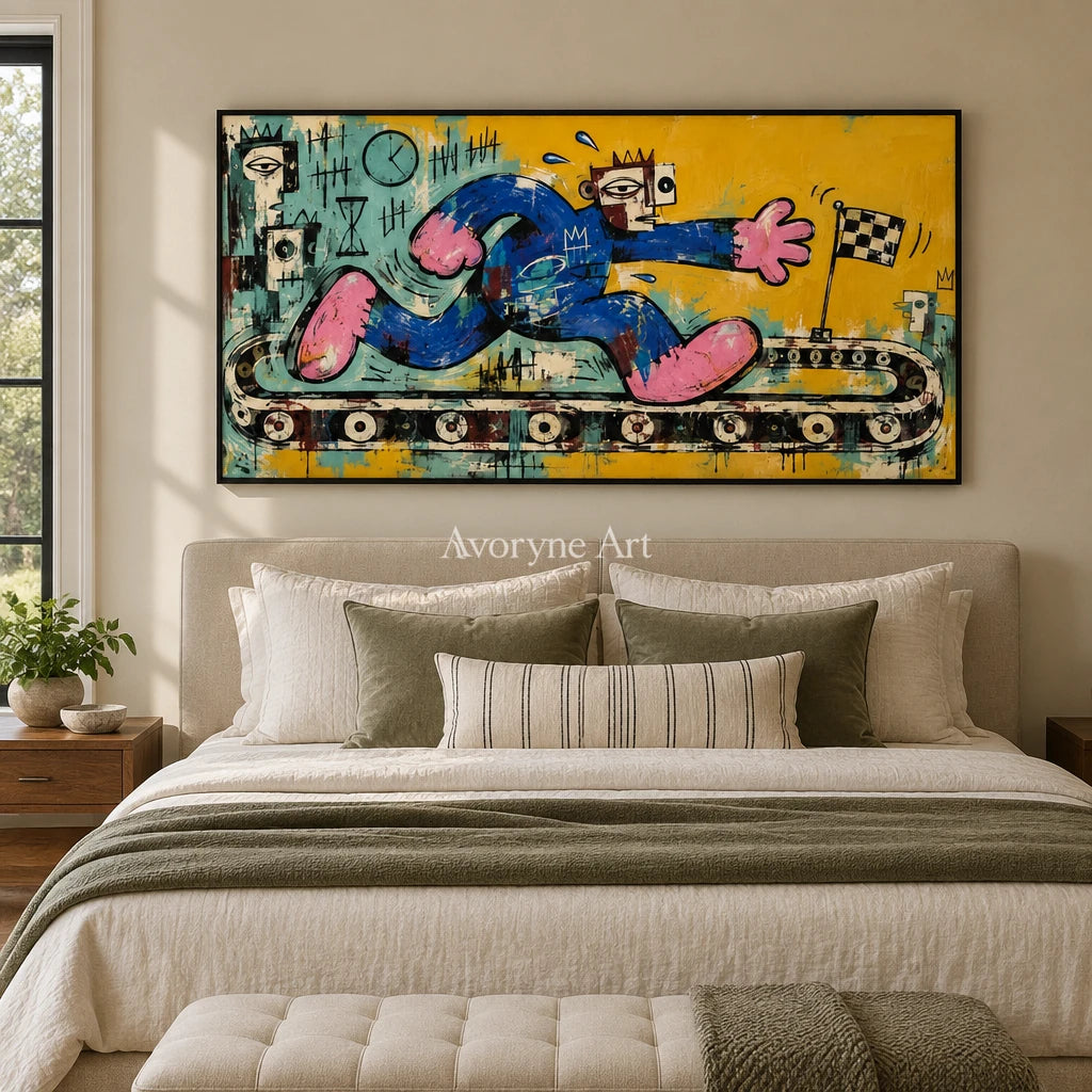 Gentle Verse graffiti figure wall art with a black frame above a bed in a bedroom