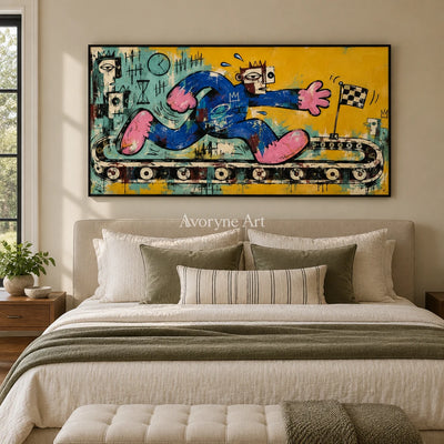 Gentle Verse graffiti figure wall art with a black frame above a bed in a bedroom