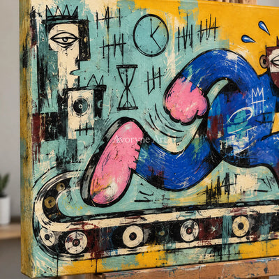 Close-up of the hand-painted texture of Gentle Verse graffiti figure wall art on an easel