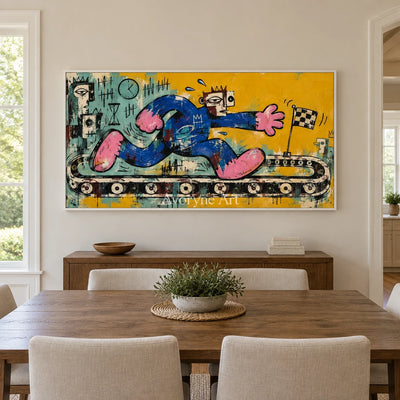 Gentle Verse graffiti figure wall art with a white frame in a dining room
