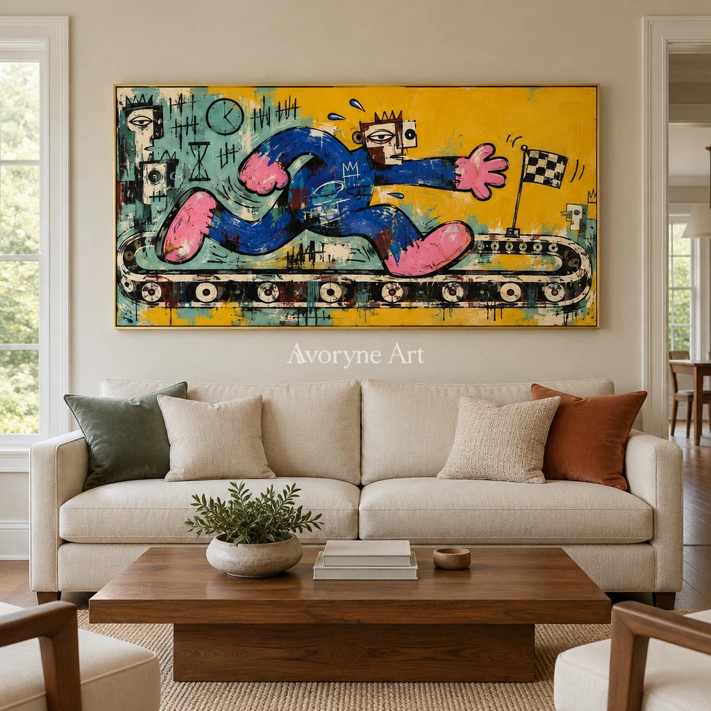 Gentle Verse graffiti figure wall art with a gold frame hanging in a living room