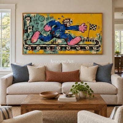 Gentle Verse graffiti figure wall art with a wood frame in a villa living space