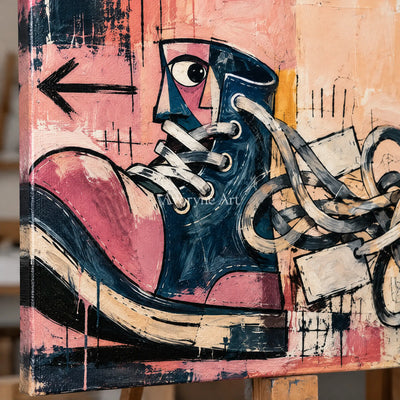 Close-up of the hand-painted texture of Gentle Trace graffiti figure wall art on an easel