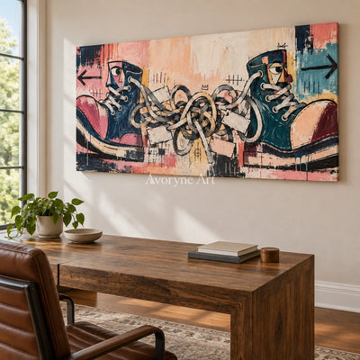 Gentle Trace graffiti figure wall art as a frameless stretched canvas in a home office