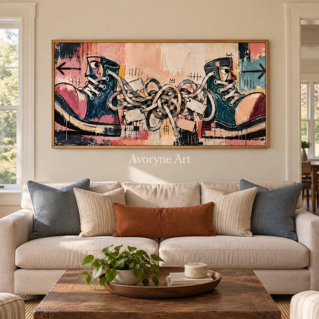 Gentle Trace graffiti figure wall art with a wood frame in a villa living space