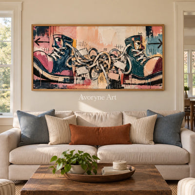 Gentle Trace graffiti figure wall art with a wood frame in a villa living space