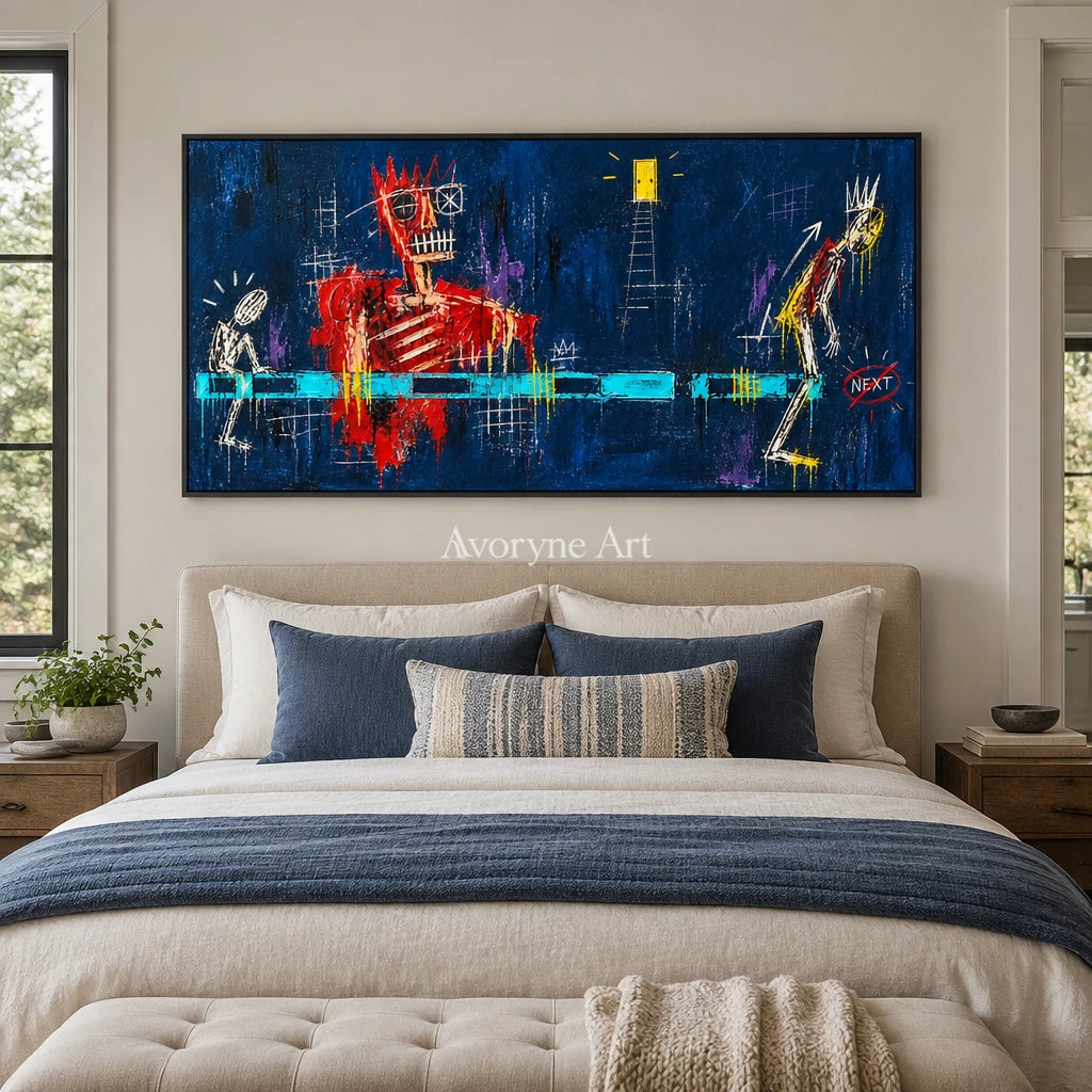 Gentle Vista graffiti figure wall art with a black frame above a bed in a bedroom