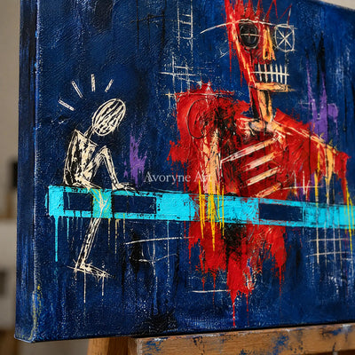 Close-up of the hand-painted texture of Gentle Vista graffiti figure wall art on an easel