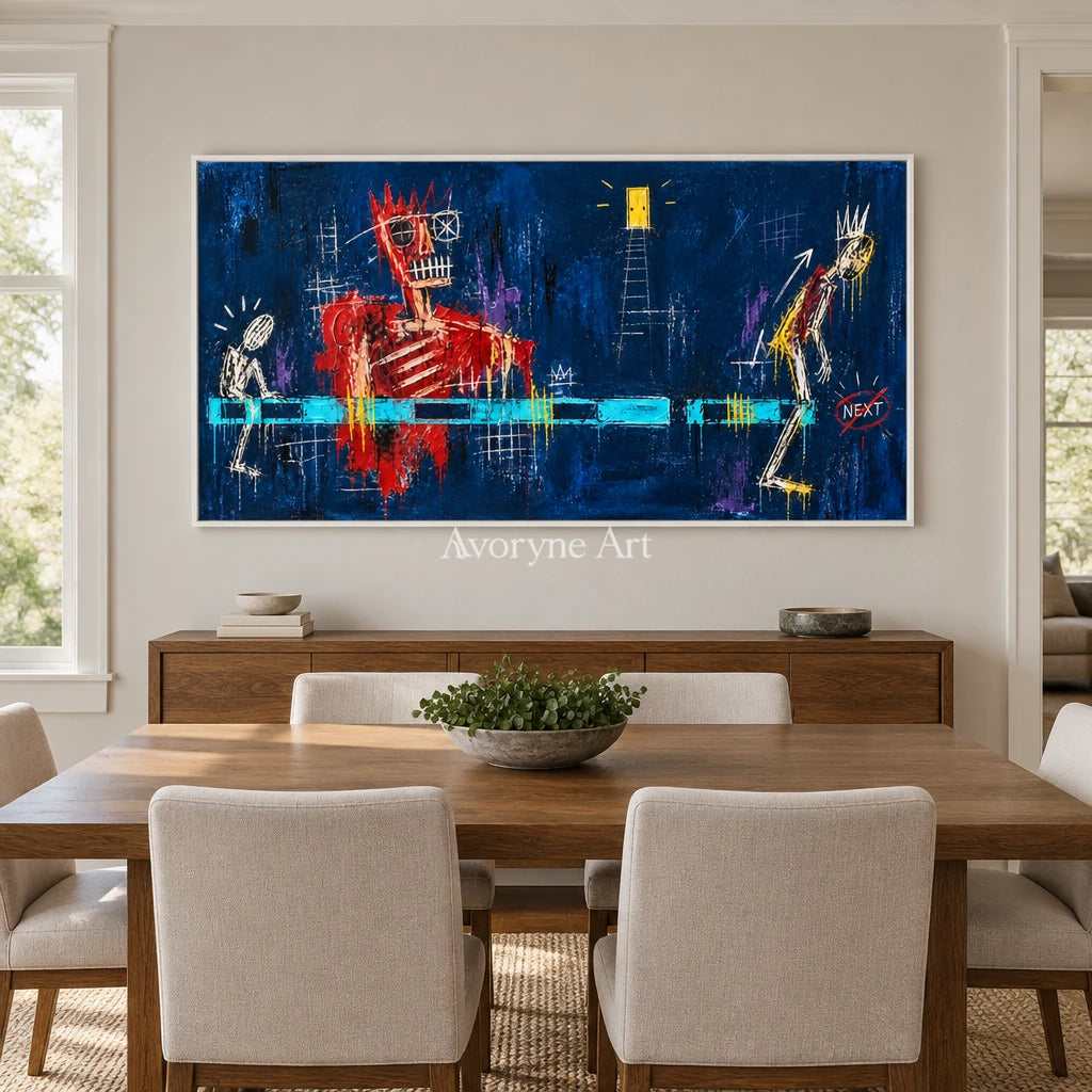 Gentle Vista graffiti figure wall art with a white frame in a dining room