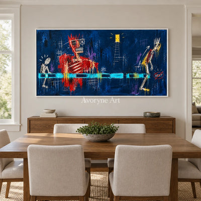 Gentle Vista graffiti figure wall art with a white frame in a dining room