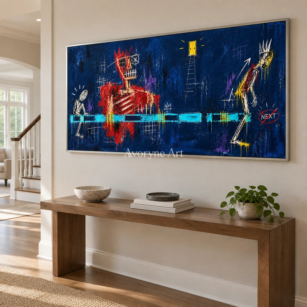 Gentle Vista graffiti figure wall art with a silver frame in an entryway